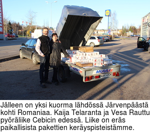 Jlleen on yksi kuorma lhdss Jrvenpst kohti Romaniaa. Kaija Telaranta ja Vesa Rauttu pyrliike Cebicin edess. Liike on ers paikallisista pakettien keryspisteistmme.