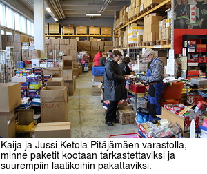 Kaija ja Jussi Ketola Pitjmen varastolla, minne paketit kootaan tarkastettaviksi ja suurempiin laatikoihin pakattaviksi.