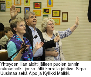 Yhteyden illan aloitti jlleen puolen tunnin rukoushetki, jonka tll kerralla johtivat Sirpa Uusimaa sek Alpo ja Kyllikki Malkki.