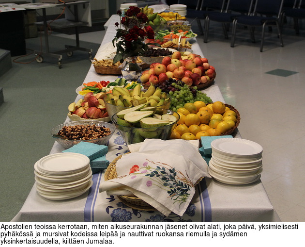 Apostolien teoissa kerrotaan, miten alkuseurakunnan jsenet olivat alati, joka piv, yksimielisesti pyhkss ja mursivat kodeissa leip ja nauttivat ruokansa riemulla ja sydmen yksinkertaisuudella, kiitten Jumalaa.