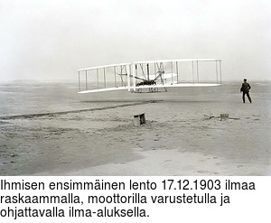 Ihmisen ensimminen lento 17.12.1903 ilmaa raskaammalla, moottorilla varustetulla ja ohjattavalla ilma-aluksella.