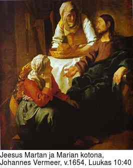 Jeesus Martan ja Marian kotona, Johannes Vermeer, v.1654, Luukas 10:40