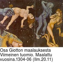 Osa Giotton maalauksesta Viimeinen tuomio. Maalattu vuosina.1304-06 (Ilm.20.11)