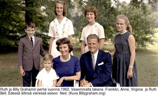 Ruth ja Billy Grahamin perhe vuonna 1962. Vasemmalta takana  Franklin, Anne, Virginia  ja Ruth Bell. Edess itins vieress seisoo  Ned. (Kuva Billygraham.org)