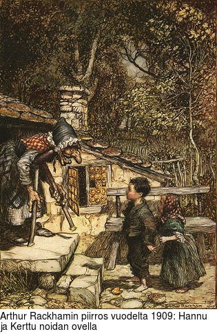 Arthur Rackhamin piirros vuodelta 1909: Hannu ja Kerttu noidan ovella