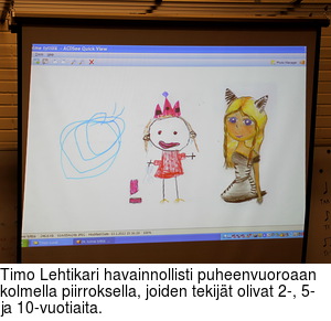 Timo Lehtikari havainnollisti puheenvuoroaan kolmella piirroksella, joiden tekijt olivat 2-, 5- ja 10-vuotiaita.