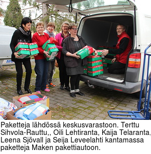 Paketteja lähdössä keskusvarastoon. Terttu Sihvola-Rauttu,, Oili Lehtiranta, Kaija Telaranta, Leena Sjövall ja Seija Leveelahti kantamassa paketteja Maken pakettiautoon.