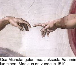 Osa Michelangelon maalauksesta Aatamin luominen. Maalaus on vuodelta 1510.