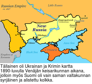 Tllainen oli Ukrainan ja Krimin kartta 1890-luvulla Venjn keisarikunnan aikana, jolloin mys Suomi oli vain saman valtakunnan syrjinen ja alistettu kolkka.